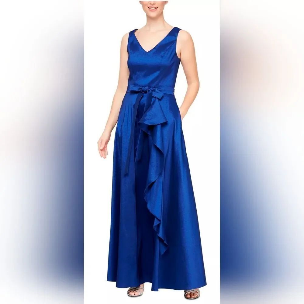 ALEX & EVE Women's Belted Cascade Gown NWT size 4 blue